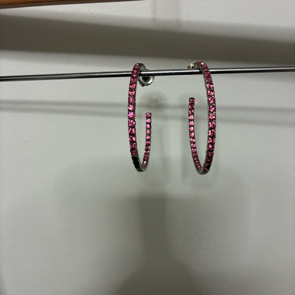 Handmade Hoop Earrings with pink rhinestones inside and outside. EUC. Like new